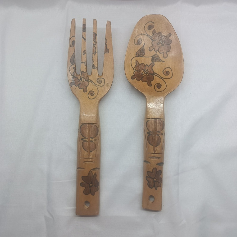 Hand Painted & Carved Ethnic Wooden Serving Spoon & Fork Set Cottagecore Decor